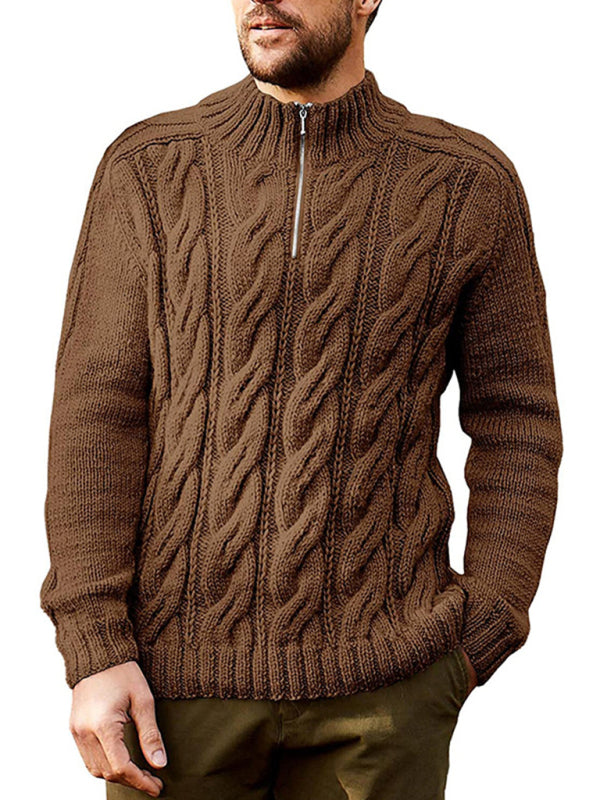 Men's new solid color zipper half turtleneck long sleeve sweater 