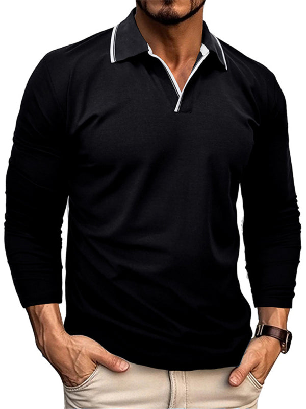 Men's new long-sleeved V-neck lapel contrasting color POLO shirt 