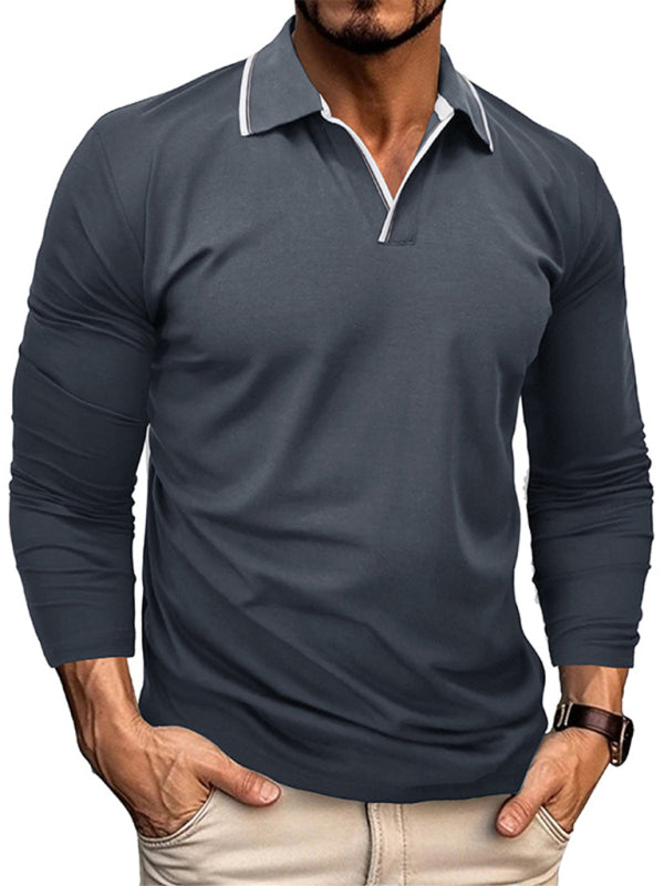 Men's new long-sleeved V-neck lapel contrasting color POLO shirt 