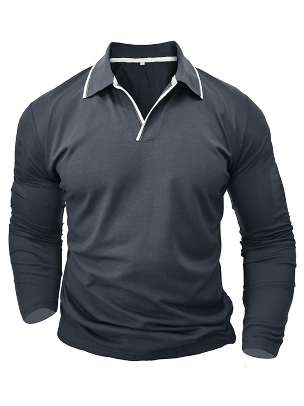 Men's new long-sleeved V-neck lapel contrasting color POLO shirt