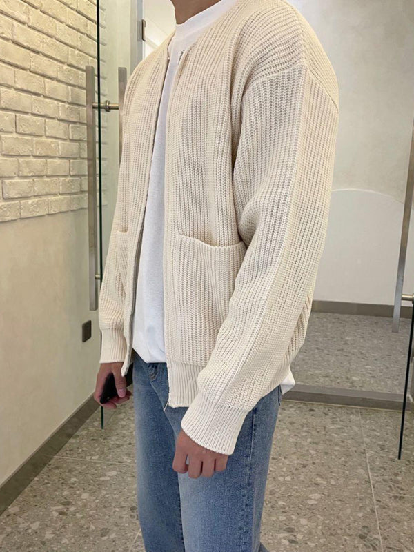 Men's solid color loose casual lazy style knitted sweater cardigan 