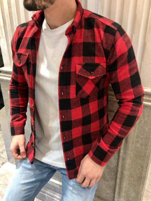 Men's Retro Casual Plaid Long Sleeve Lapel Shirt 