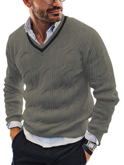 Men's Fashionable V-Neck Slim Fit Long Sleeve Knitted Sweater 