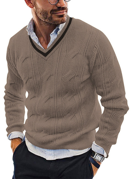 Men's Fashionable V-Neck Slim Fit Long Sleeve Knitted Sweater 