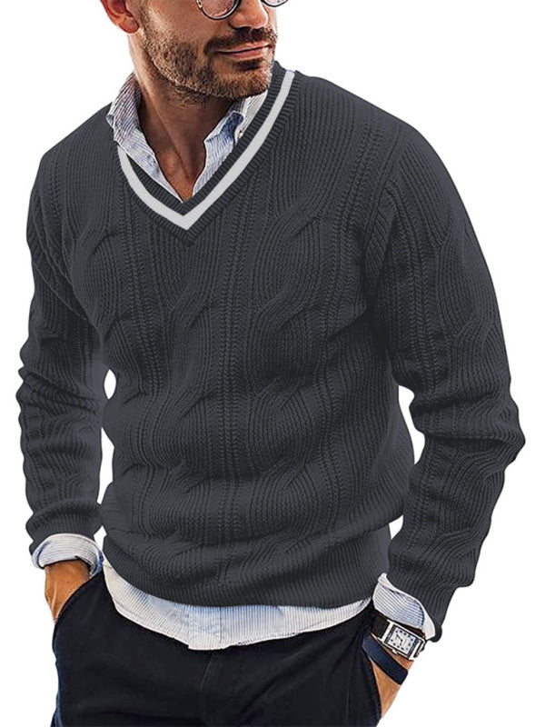 Men's Fashionable V-Neck Slim Fit Long Sleeve Knitted Sweater 