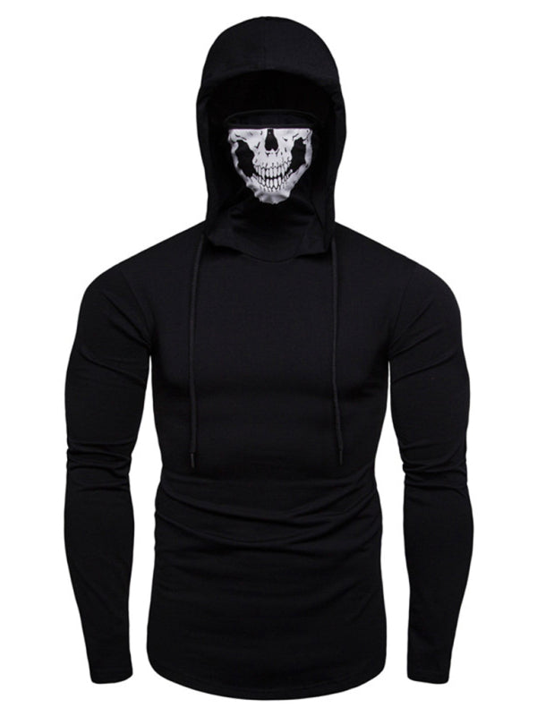 Men's new fitness cycling elastic mask skull print hooded pullover long-sleeved T-shirt 