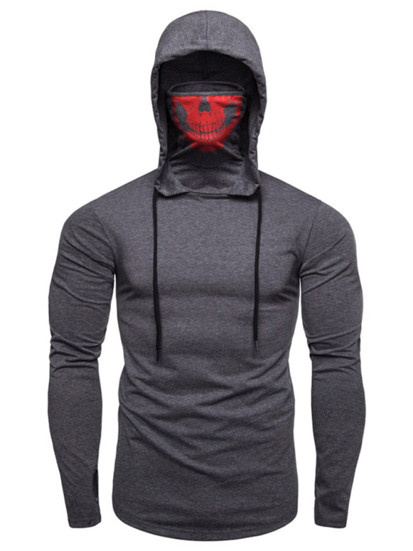 Men's new fitness cycling elastic mask skull print hooded pullover long-sleeved T-shirt 