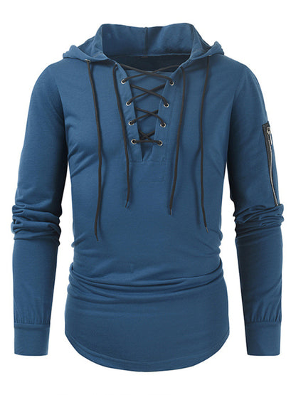 Men's new solid color lace-up sports casual pullover hooded sweatshirt 