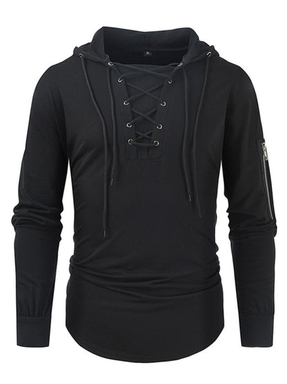 Men's new solid color lace-up sports casual pullover hooded sweatshirt 