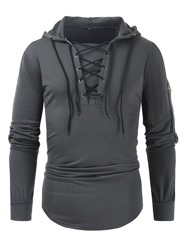 Men's new solid color lace-up sports casual pullover hooded sweatshirt 