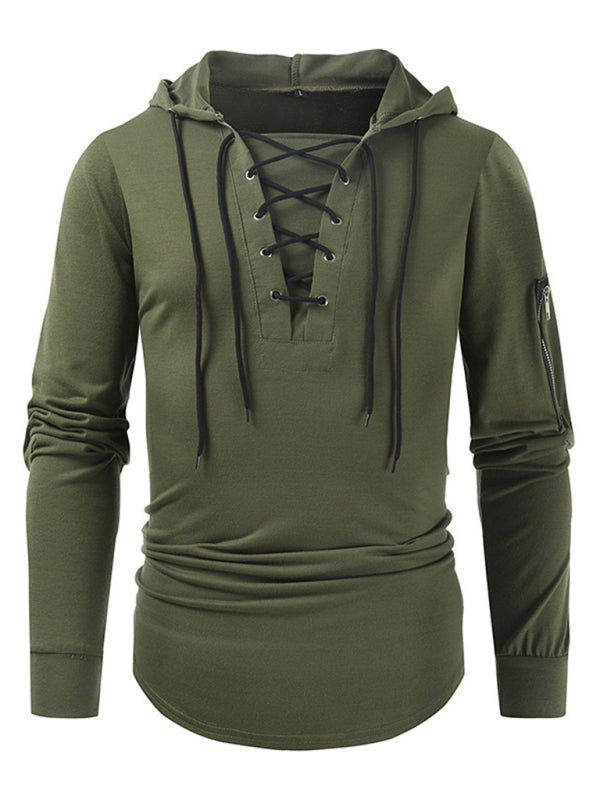 Men's new solid color lace-up sports casual pullover hooded sweatshirt 