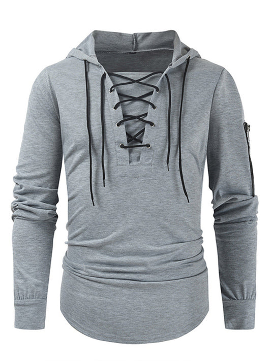 Men's new solid color lace-up sports casual pullover hooded sweatshirt 