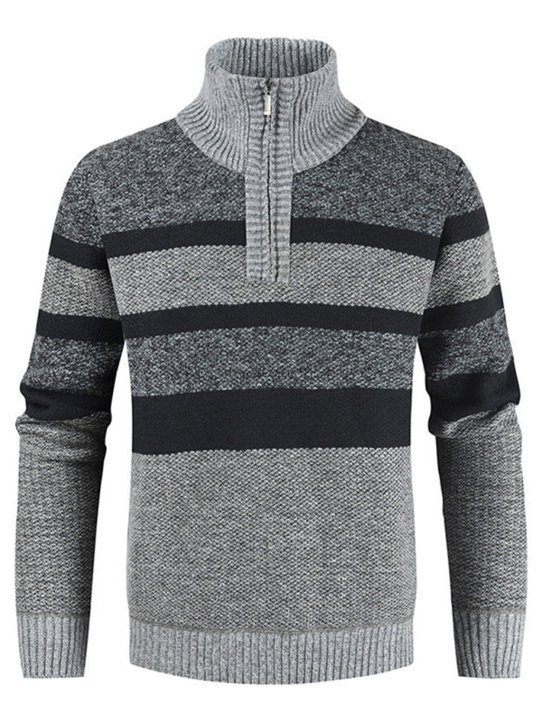 Men's pullover stand collar knitted casual colorblock long-sleeved sweater 