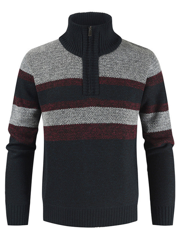 Men's pullover stand collar knitted casual colorblock long-sleeved sweater 