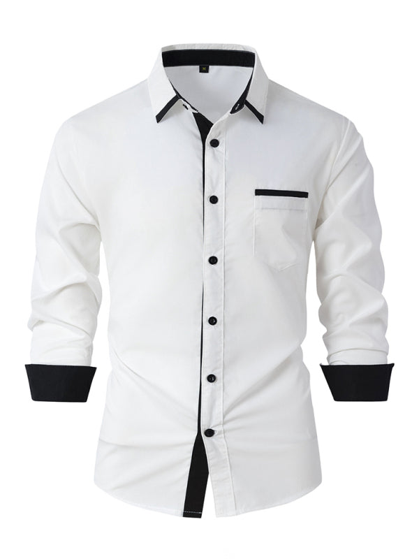 Men's Color Block Business Slim Casual Shirt Long Sleeve Shirt 