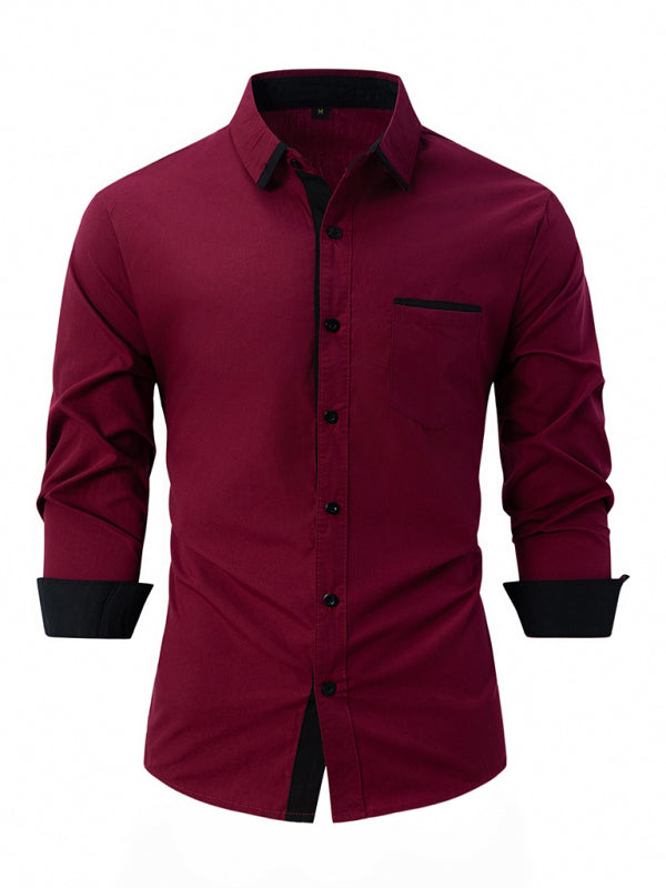 Men's Color Block Business Slim Casual Shirt Long Sleeve Shirt 