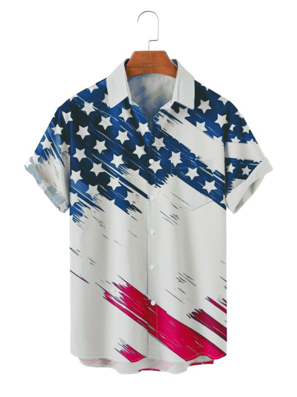 Men's Short Sleeve Loose Shirt American Flag Print Casual Lapel Clothing 