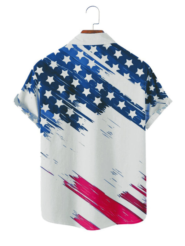 Men's Short Sleeve Loose Shirt American Flag Print Casual Lapel Clothing 