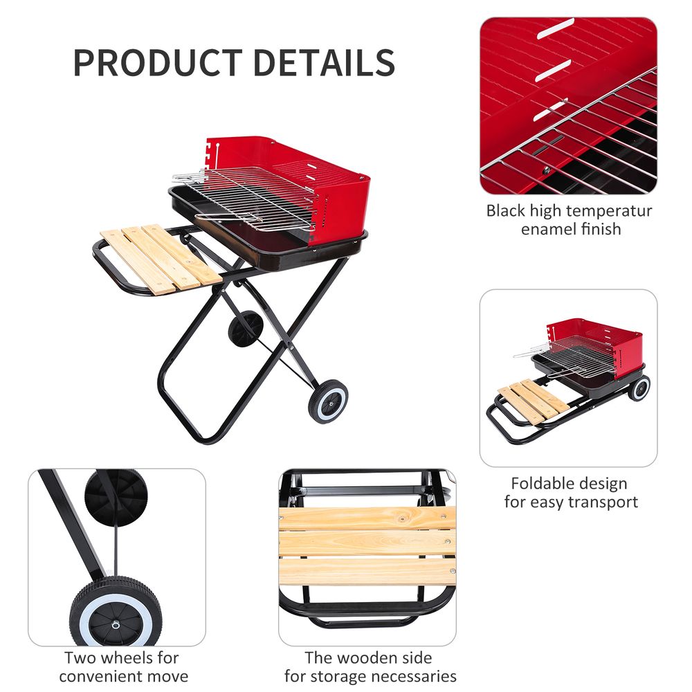 Foldable Charcoal Barbecue Grill W/ Wheels-Red & Black