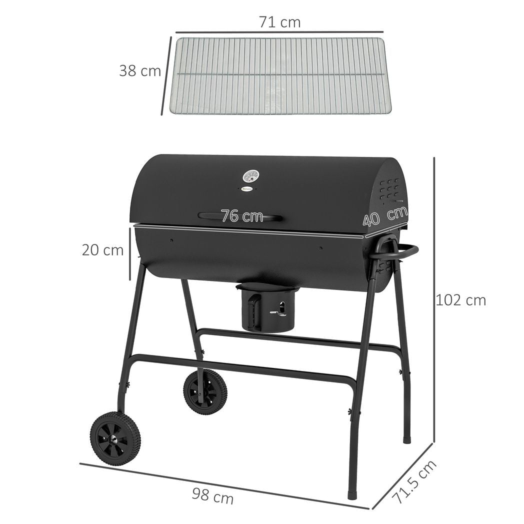 Outsunny Barrel Charcoal Barbecue BBQ Grill Trolley W/ Ash Catcher Thermometer