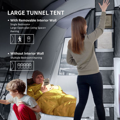 8-Person Camping Tent Tunnel Design with 4 Large Windows Dark Grey