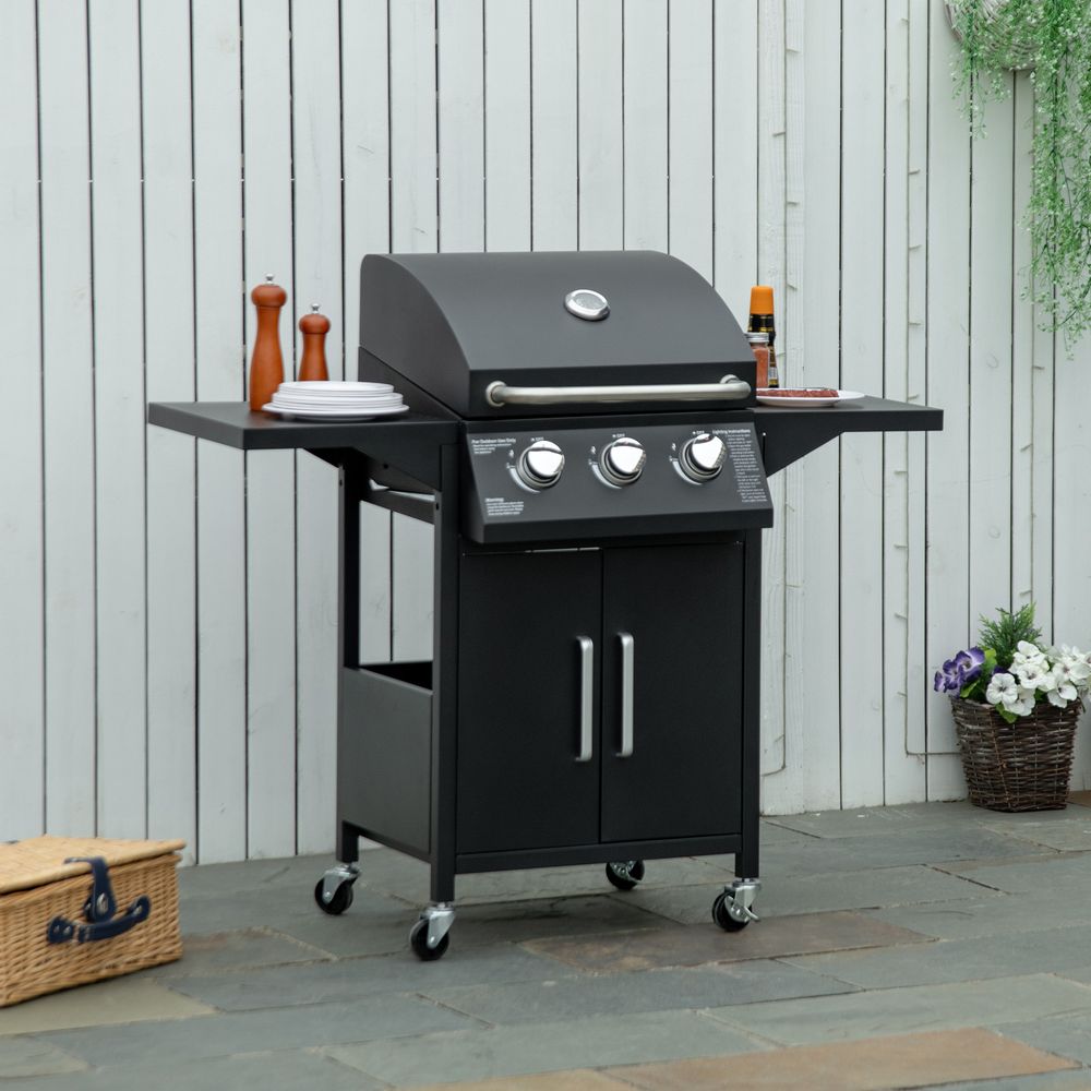 3 Burner Gas BBQ Grill Portable Barbecue Trolley Warming Rack Storage Cabinet