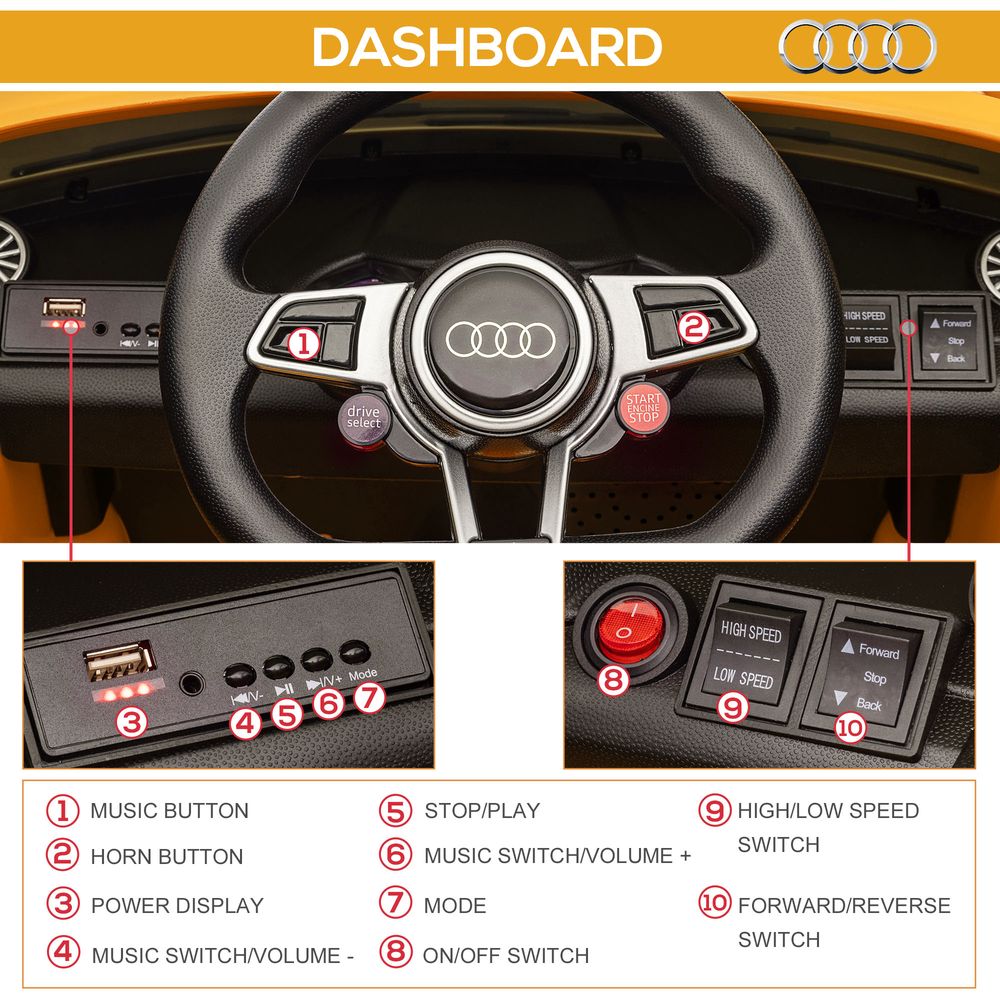 12V Battery Licensed Audi TT RS Ride-On Car w/ Removable Highlights, MP3 Player