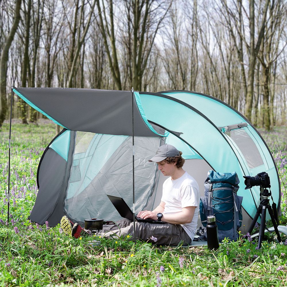 4 Person Camping Tent Pop-up Design Mesh Vents for Hiking Dark Blue Outsunny