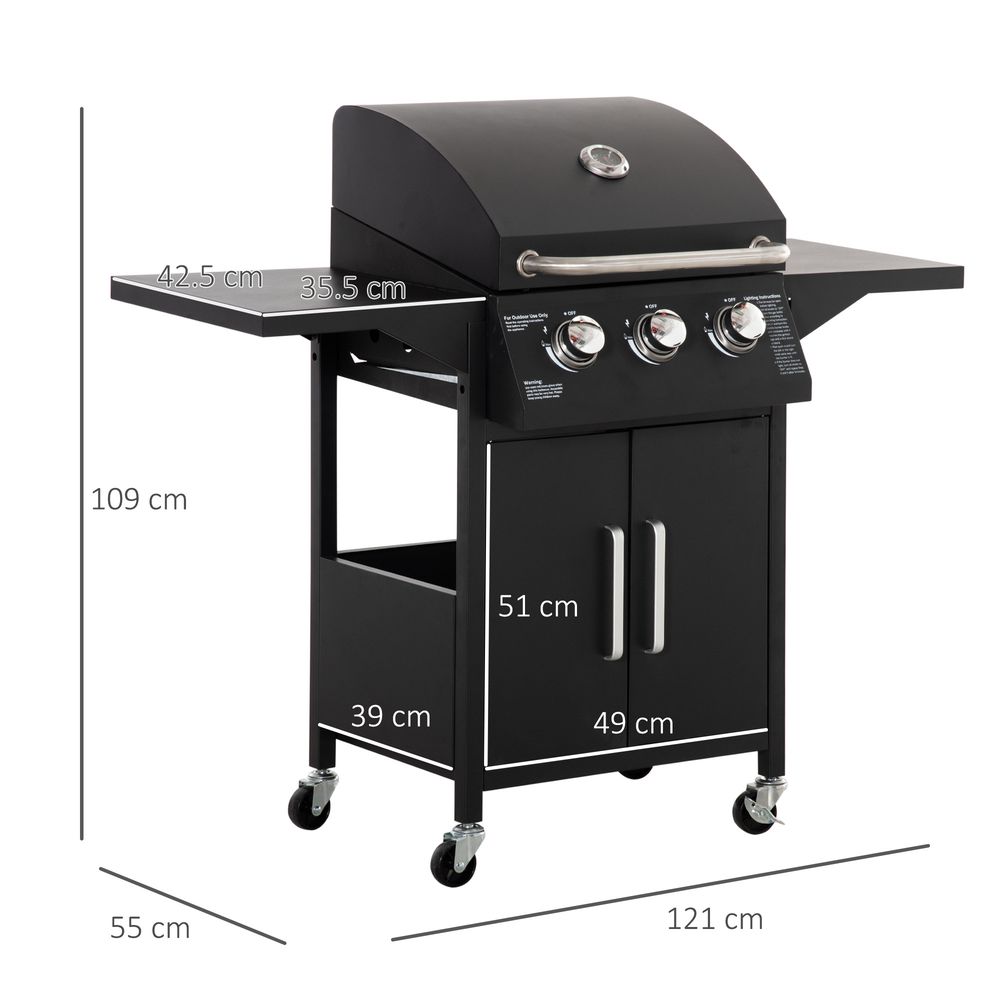 3 Burner Gas BBQ Grill Portable Barbecue Trolley Warming Rack Storage Cabinet