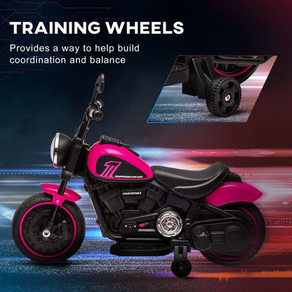 6V Electric Motorbike w/ Training Wheels, One-Button Start, Headlight - Pink