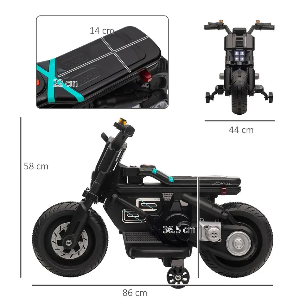 6V Kids Electric Motorbike w/ Training Wheels, for 3-5 Years - Black