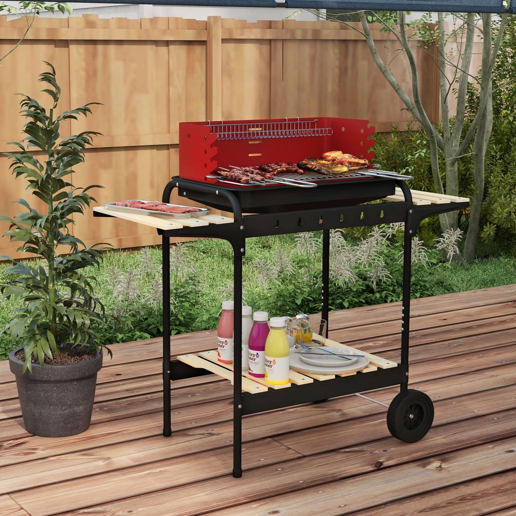 Outsunny Charcoal Barbecue BBQ Grill Trolley W/ 5-level Grill Height Ash Catcher