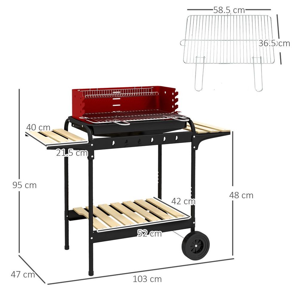 Outsunny Charcoal Barbecue BBQ Grill Trolley W/ 5-level Grill Height Ash Catcher