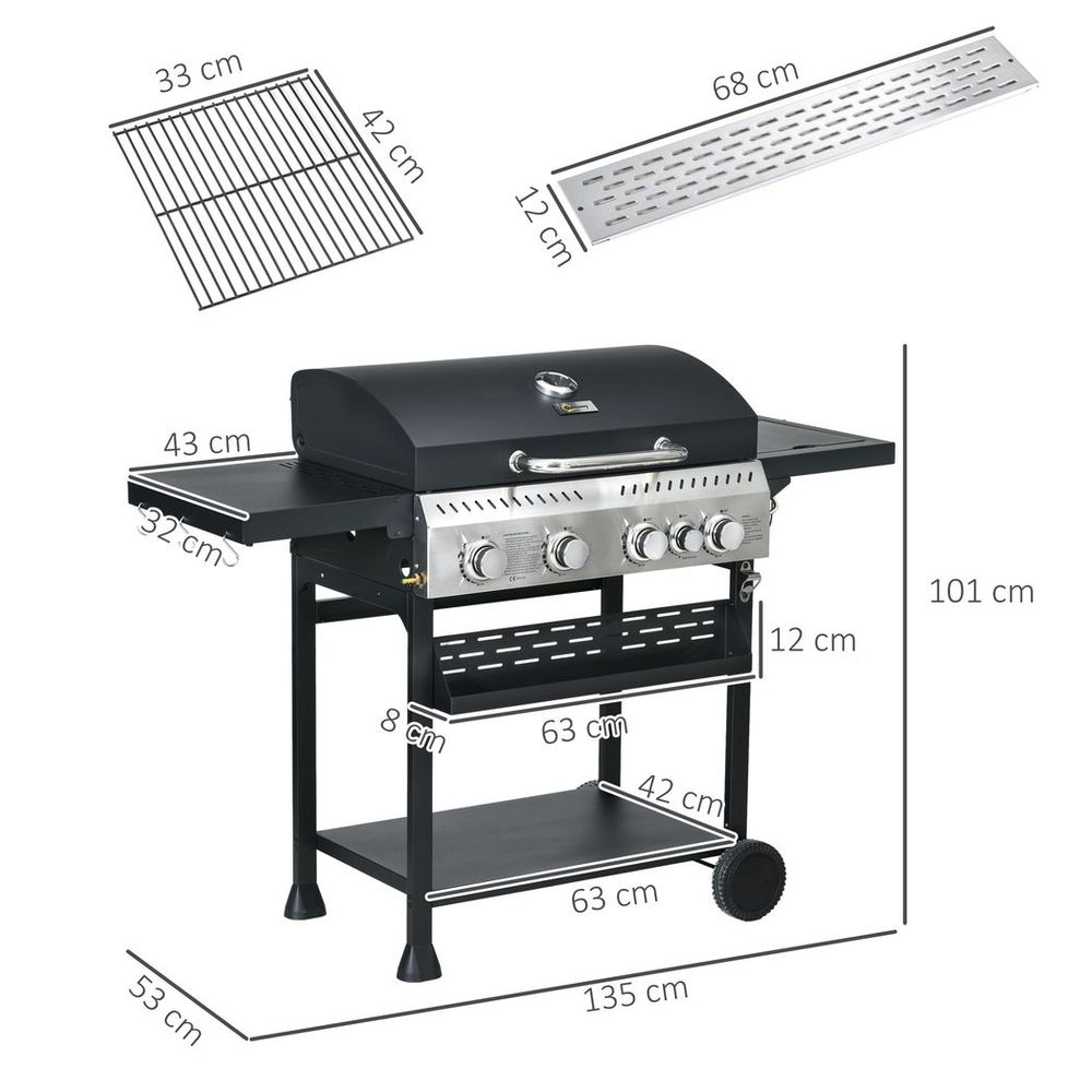 Outsunny 4+1 Burner Propane Gas Barbecue Grill with Thermometer, Bottle Opener