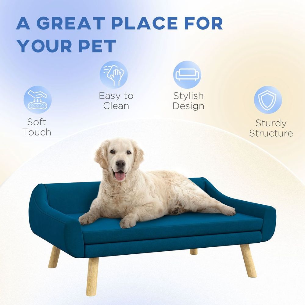 PawHut Dog Sofa Bed Raised Couch with Wooden Frame and Soft Cushion, Blue