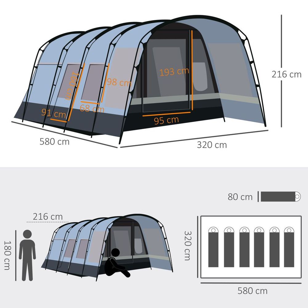 8-Person Camping Tent Tunnel Design with 4 Large Windows Dark Grey