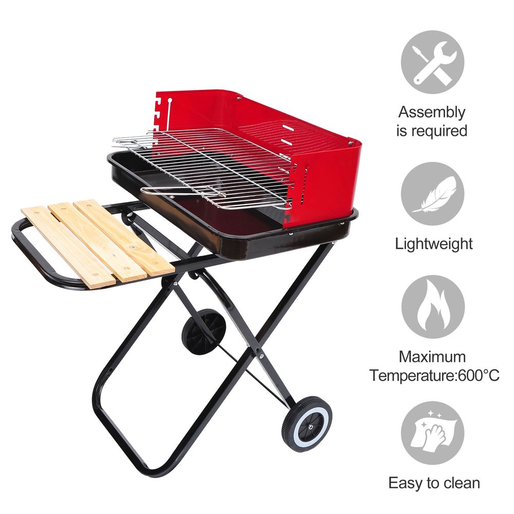 Foldable Charcoal Barbecue Grill W/ Wheels-Red & Black