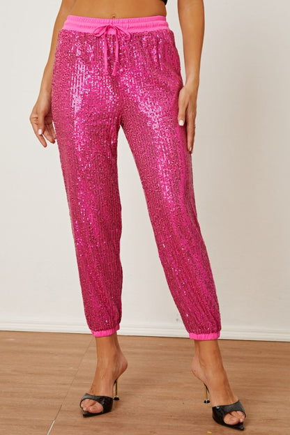 Sequin Drawstring Pants with Pockets 