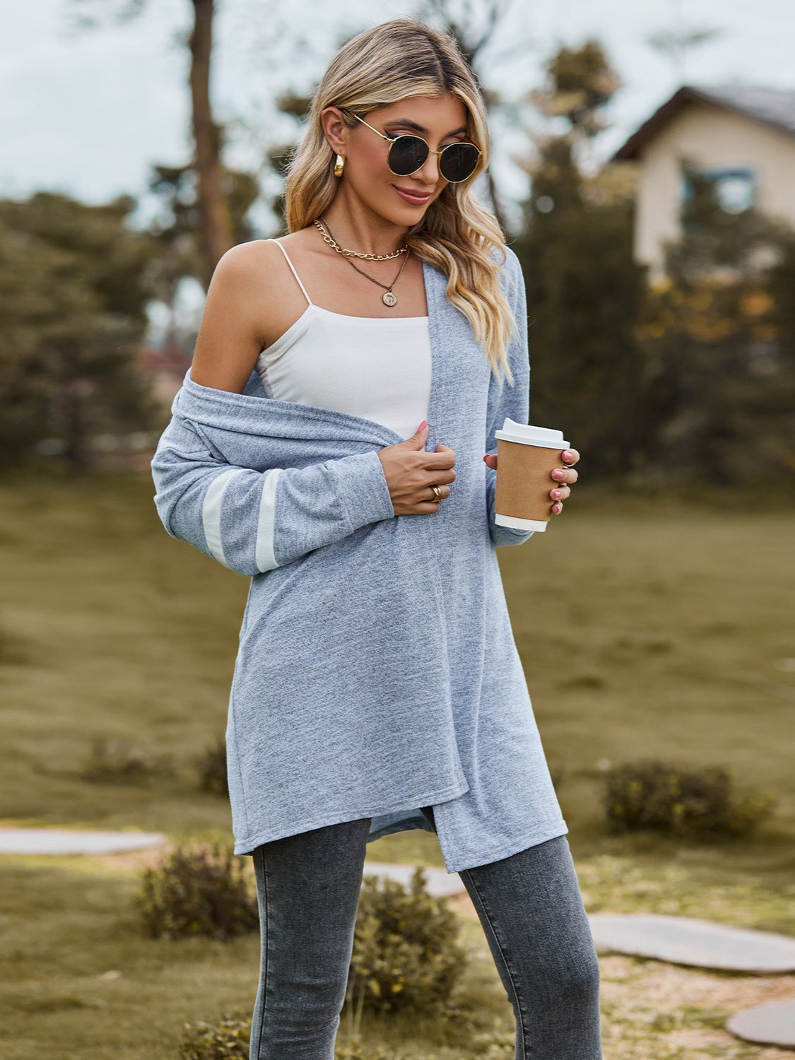 Striped Open Front Dropped Shoulder Cardigan 