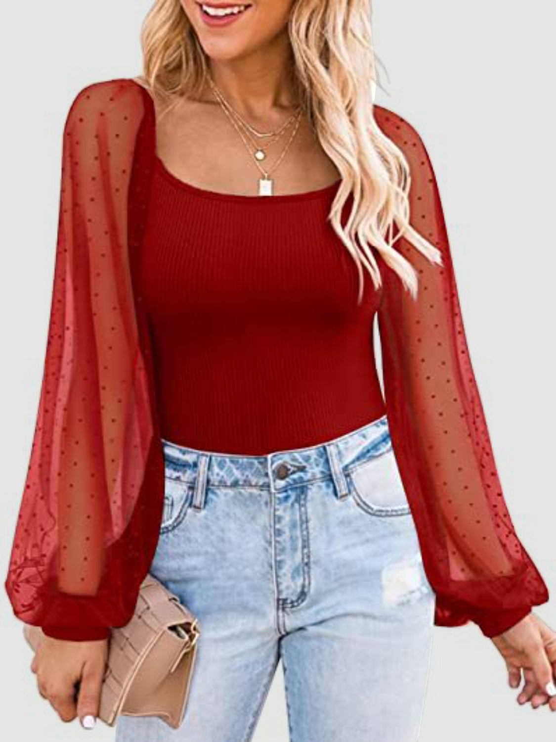 Polka Dot Square Neck Lantern Sleeve Blouse - Babbazon Camisole