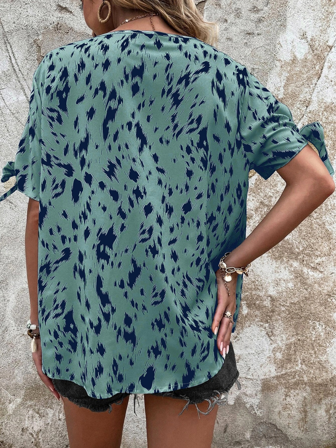 Tied Printed Boat Neck Blouse 