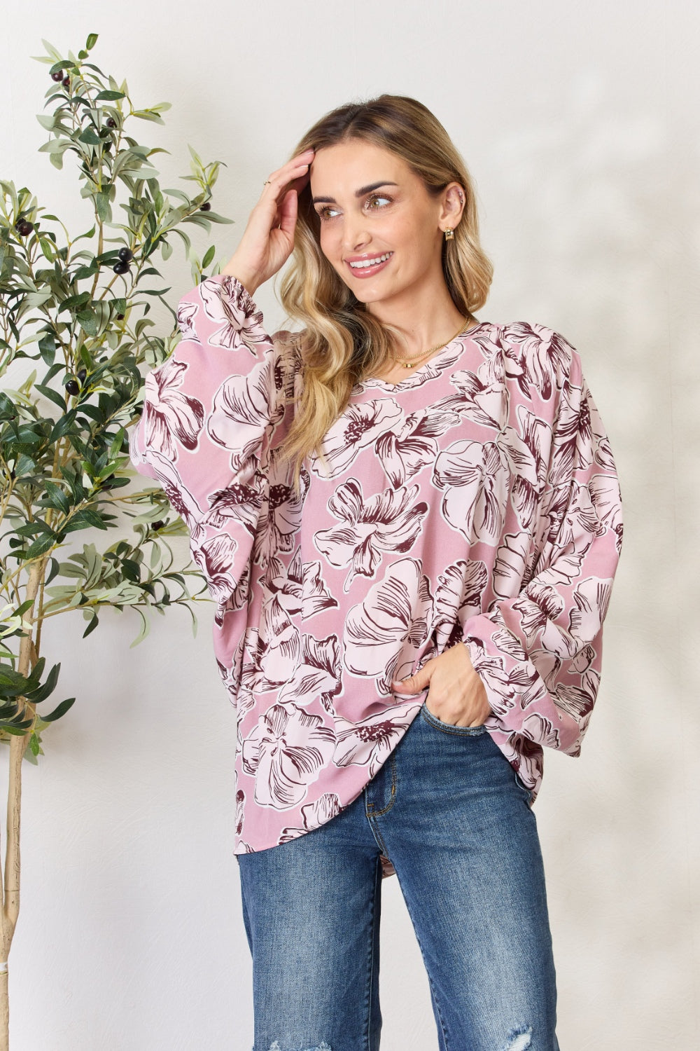 Heimish Full Size Floral V-Neck Balloon Sleeve Blouse 