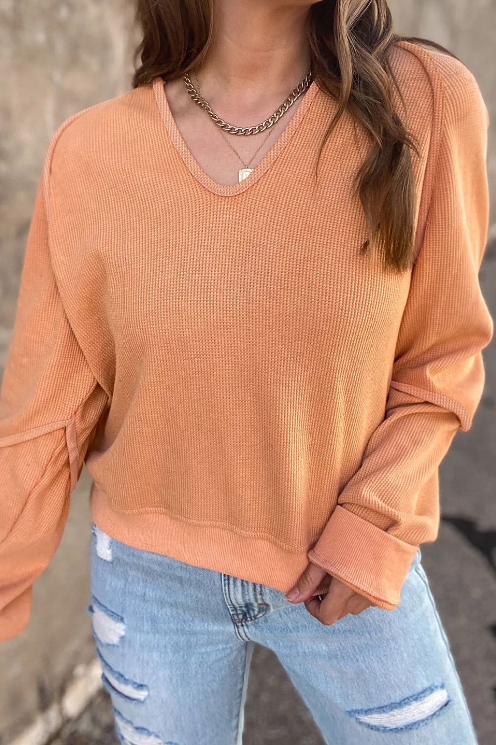 Waffle Knit V-Neck Long Sleeve T-Shirt 