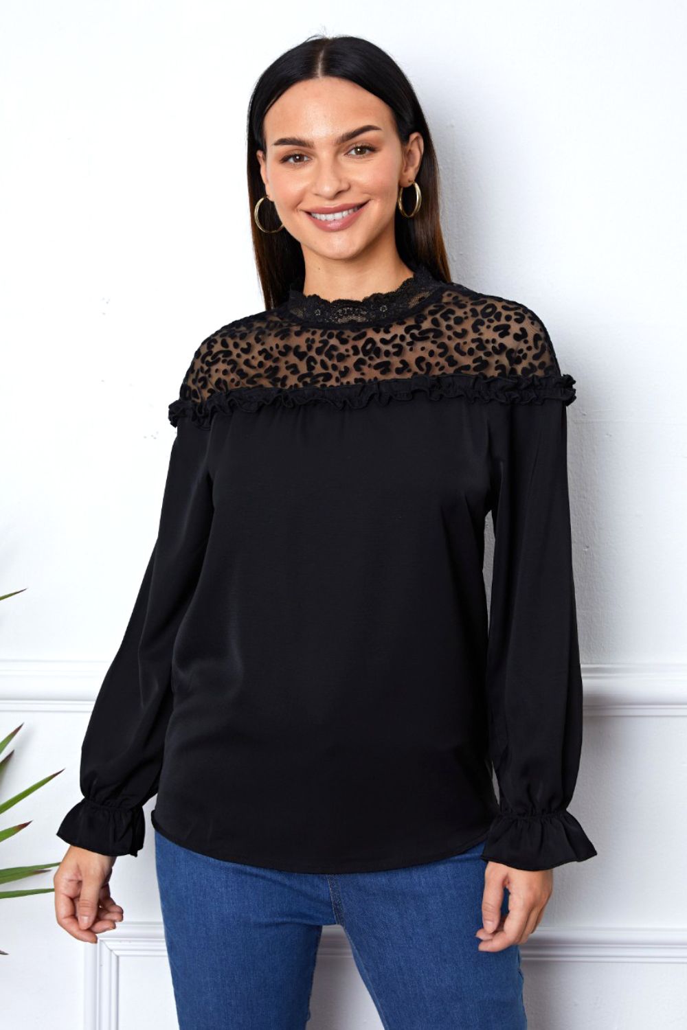 Leopard Frill Flounce Sleeve Blouse - Babbazon blouse