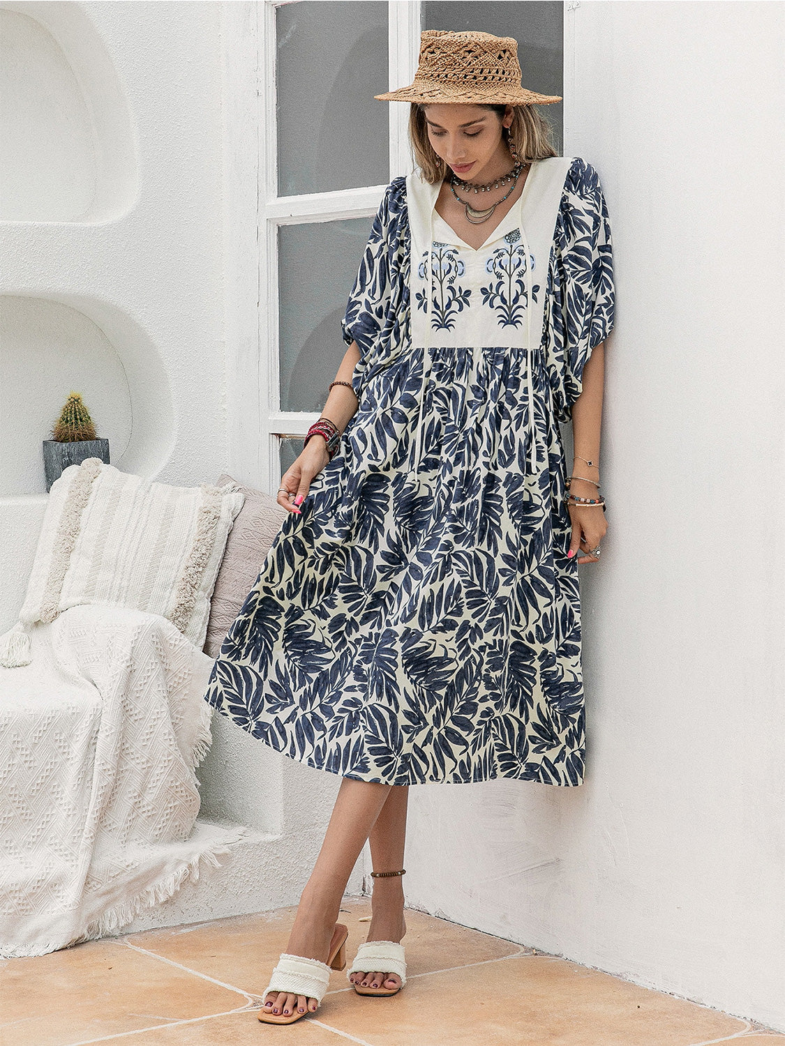 Printed Tie Neck Midi Dress 