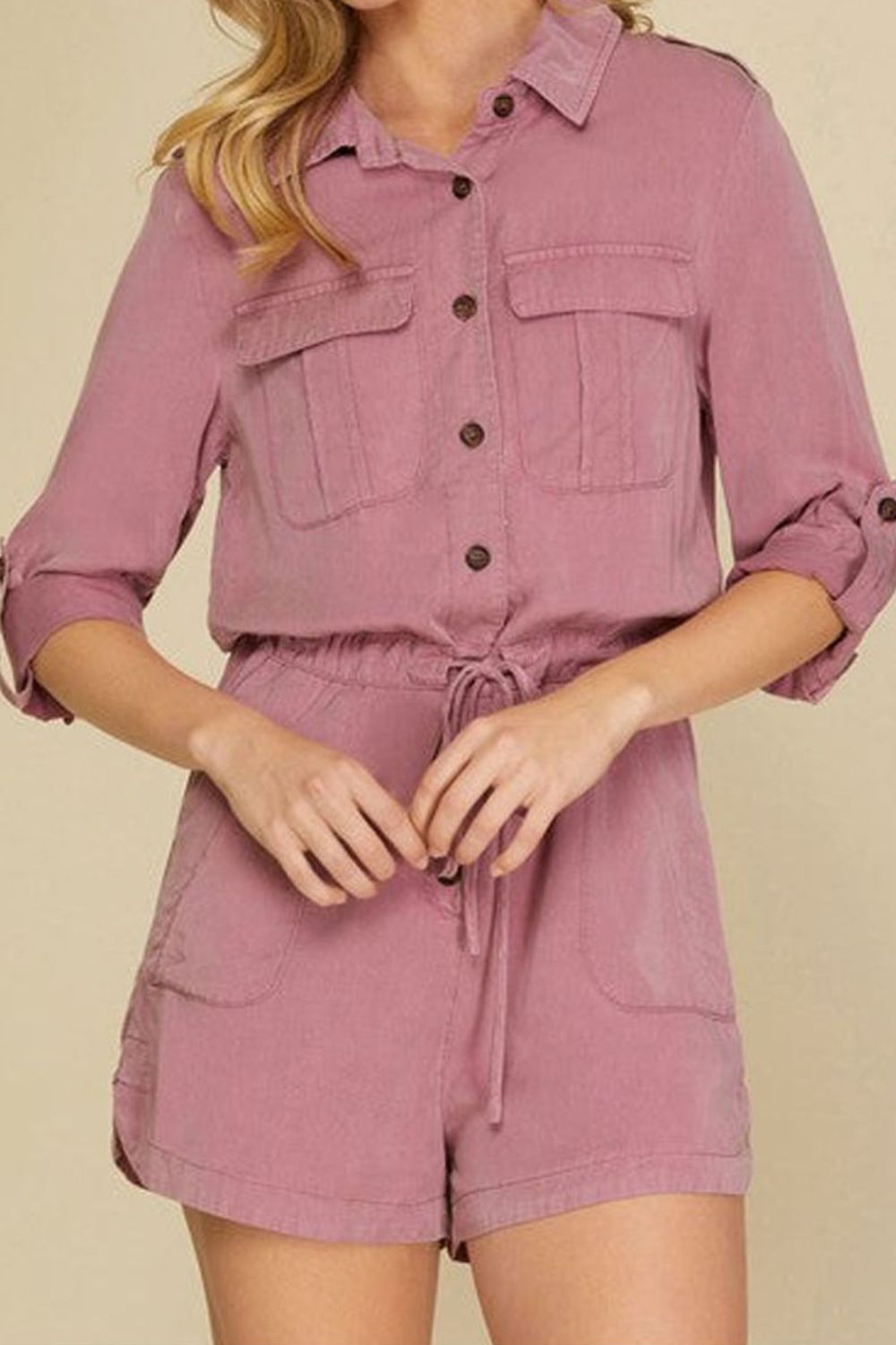 Collared Neck Drawstring Roll-Tab Sleeve Romper 