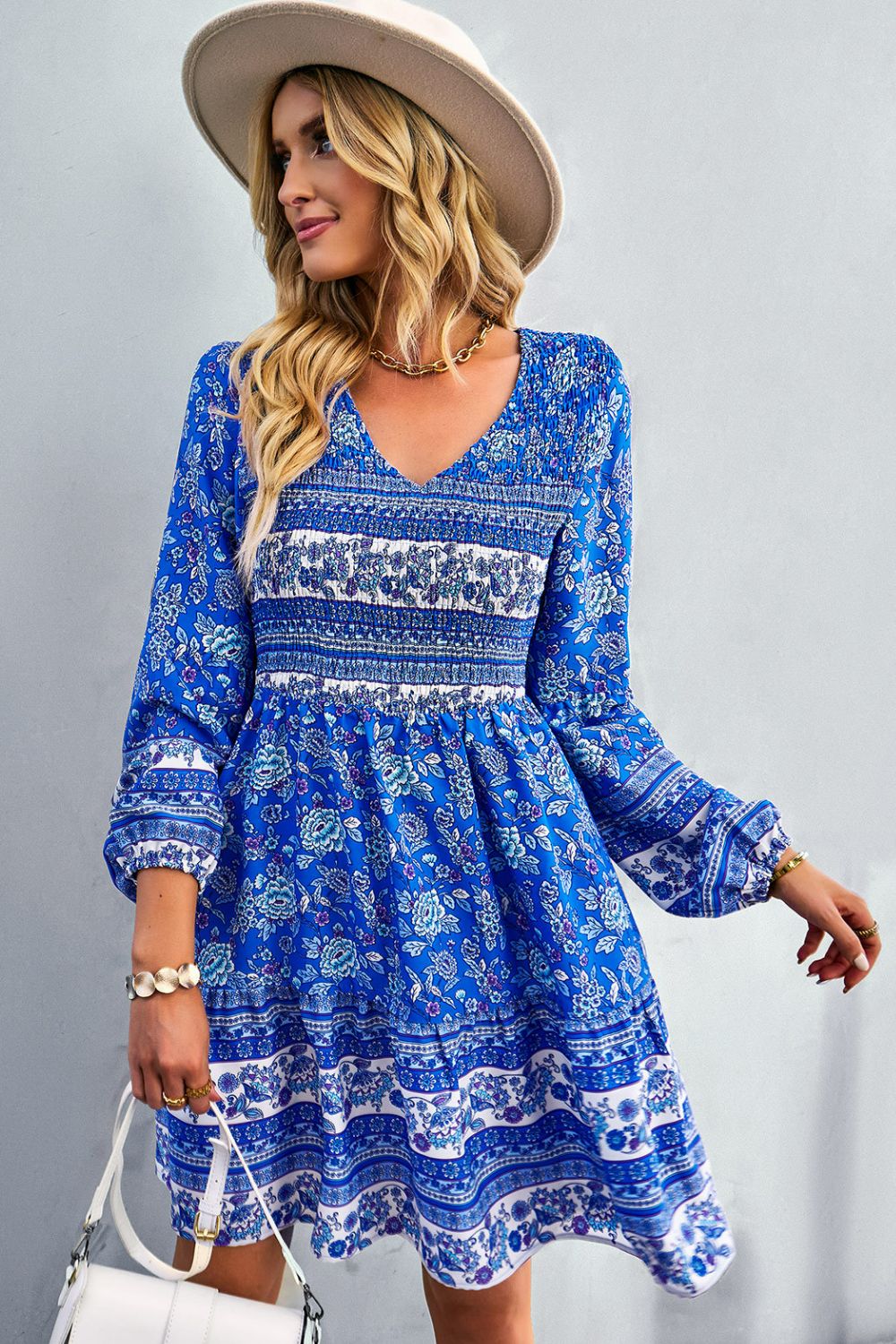 Bohemian V-Neck Balloon Sleeve Dress 