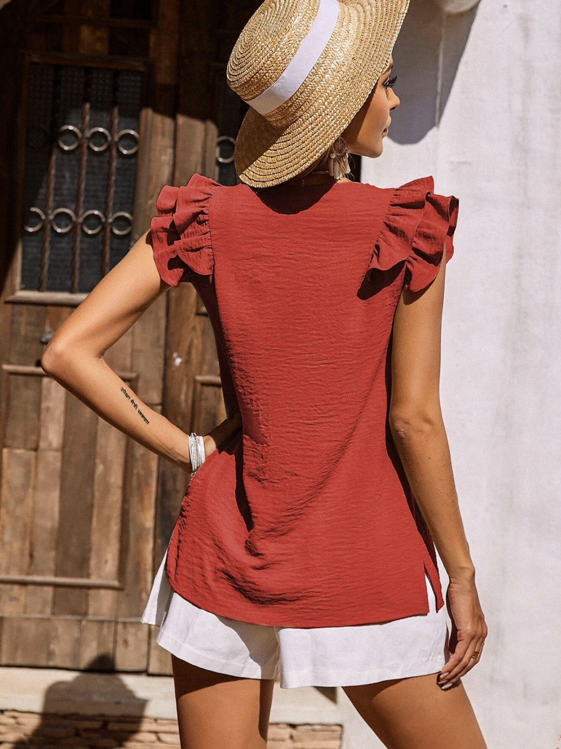 Ruffled V-Neck Cap Sleeve Blouse 