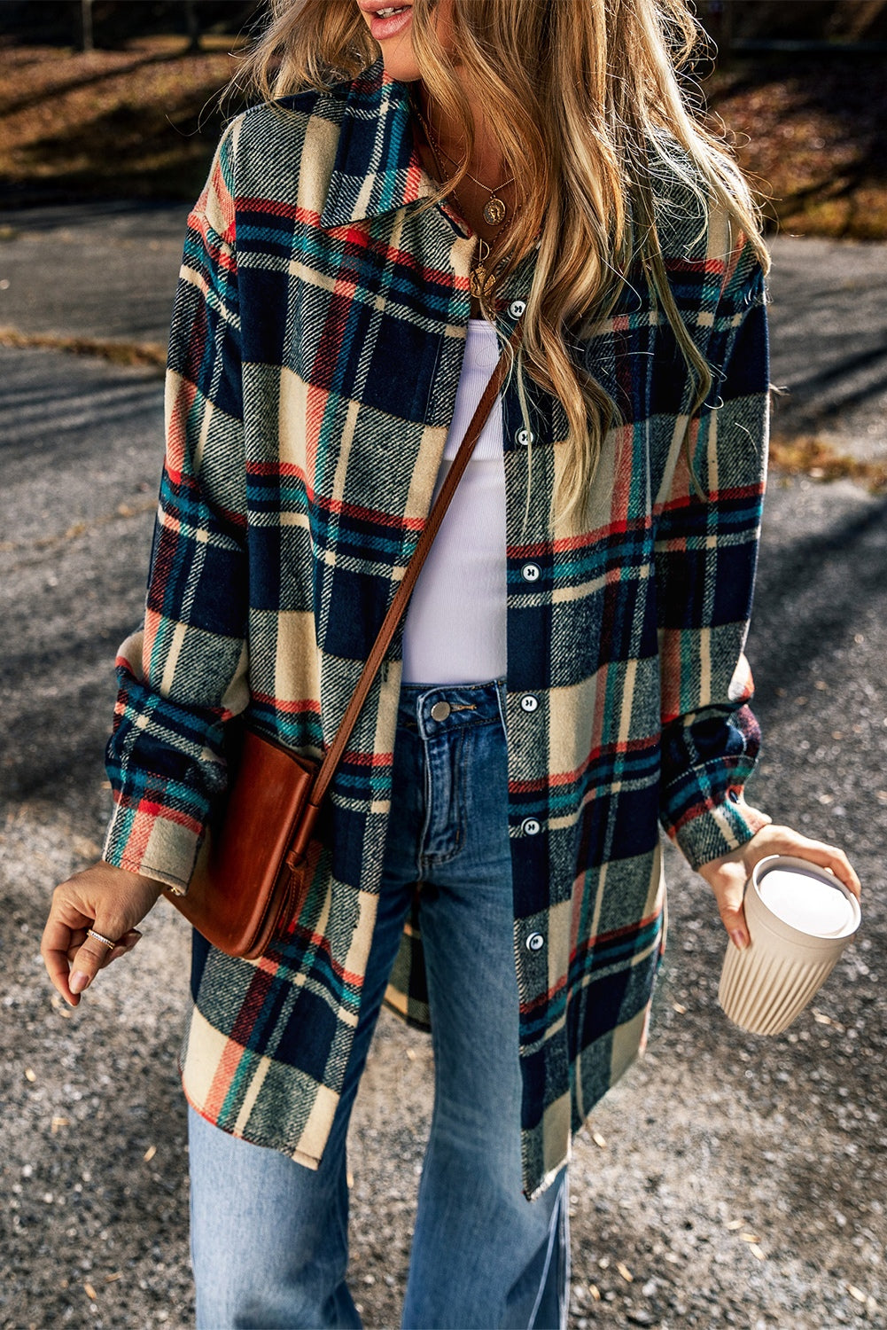 Plaid Button Up Long Sleeve Slit Shacket 