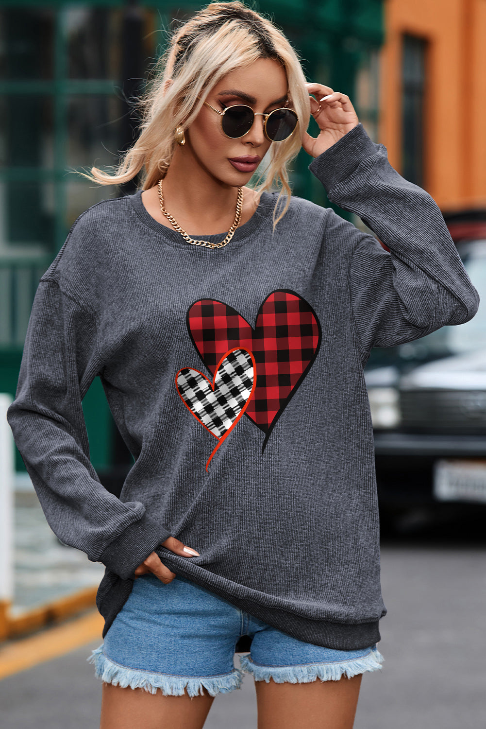 Heart Round Neck Dropped Shoulder Sweatshirt - Babbazon sweatshirt